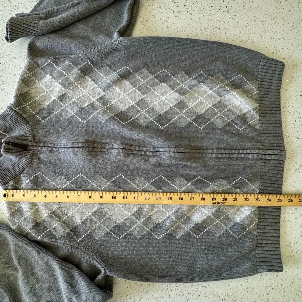 Cozy Men's Gray White Argyle Zip Up Long Sleeves‎ Sweater Cardigan Size Large